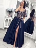 Navy Blue Floral Half-sleeves A-line Long Evening Dress with Slit, PD3310