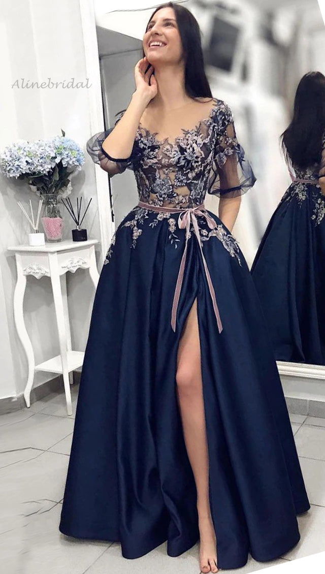 Navy Blue Floral Half-sleeves A-line Long Evening Dress with Slit, PD3310
