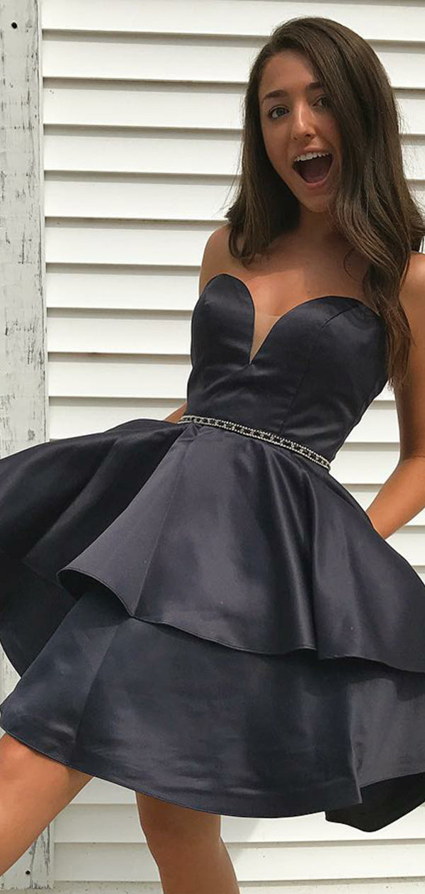 Navy Elastic Satin Beading Belt Strapless Homecoming Dresses ,HD0024