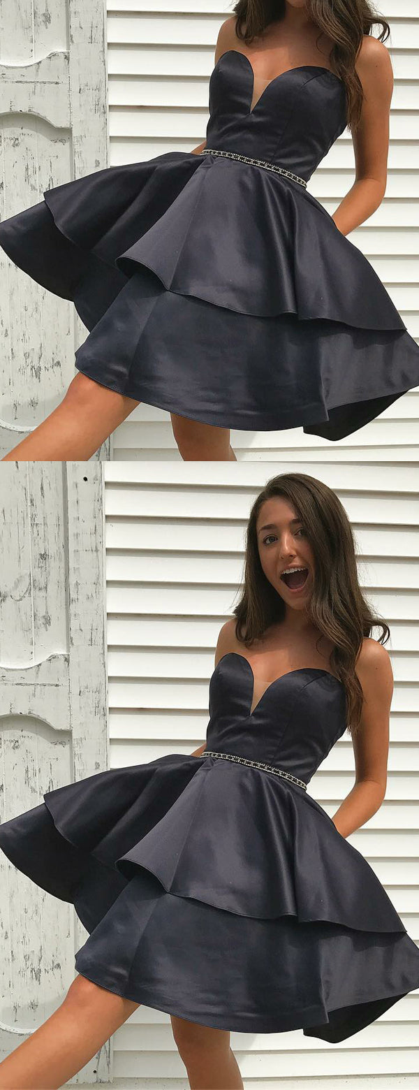 Navy Elastic Satin Beading Belt Strapless Homecoming Dresses ,HD0024