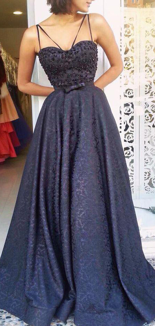 Navy Lace Beading Spaghetti Strap A-line Formal Prom Dresses,PD00189