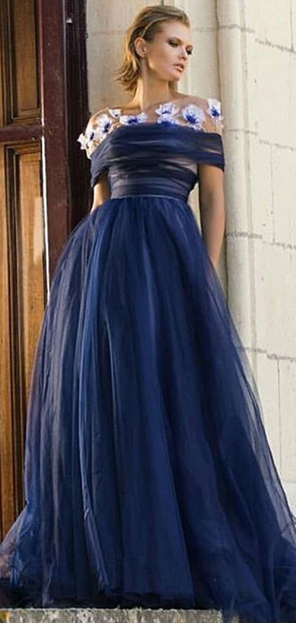 Navy Tulle Off Shoulder Fashion A-line Prom Dresses ,PD00193