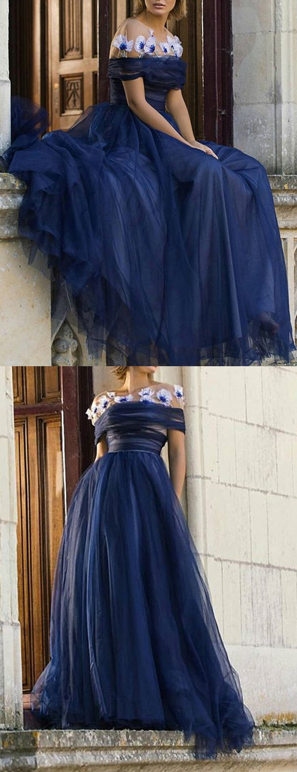 Navy Tulle Off Shoulder Fashion A-line Prom Dresses ,PD00193
