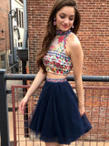 Navy Two Piece Embroidery High Neck Open Back Homecoming Dresses ,HD0019