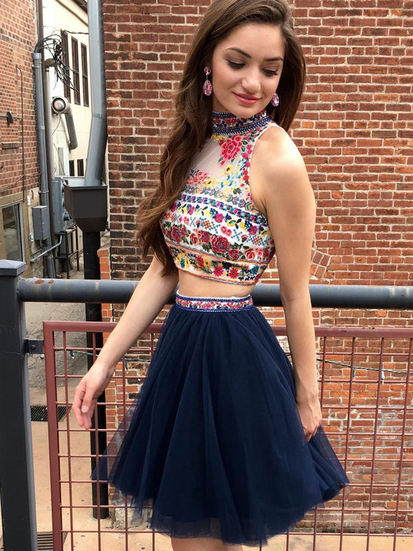 Navy Two Piece Embroidery High Neck Open Back Homecoming Dresses ,HD0019