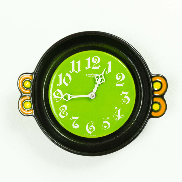 Neon green black 1970s German CERAMIC WALL CLOCK by Pallas
