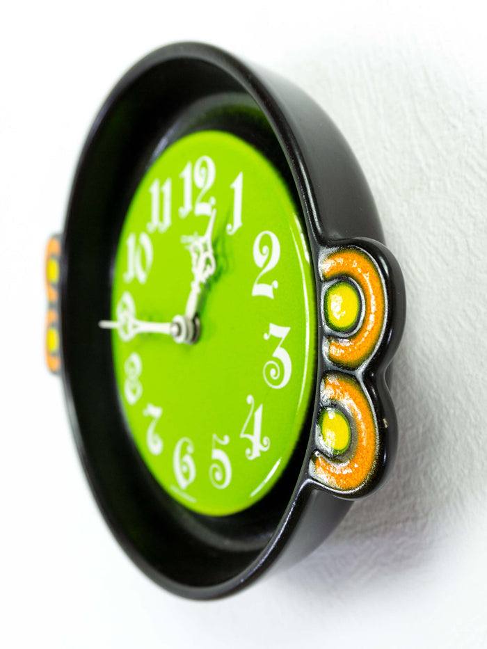 Neon green black 1970s German CERAMIC WALL CLOCK by Pallas