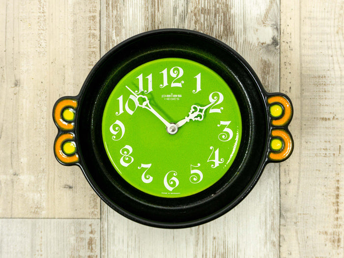 Neon green black 1970s German CERAMIC WALL CLOCK by Pallas