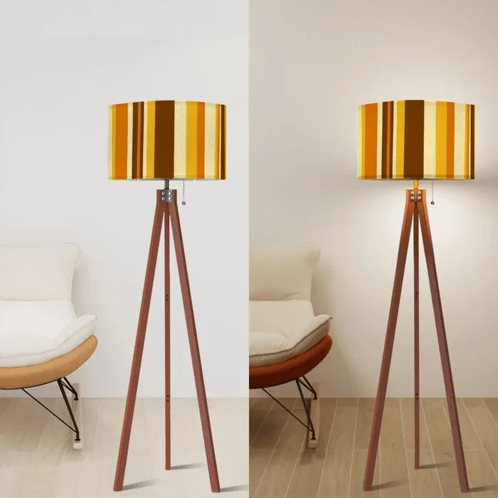 Nordic Retro Tripod Floor Lamp - 70s Brown Beige Yellow Stripes - retro floor lamps
