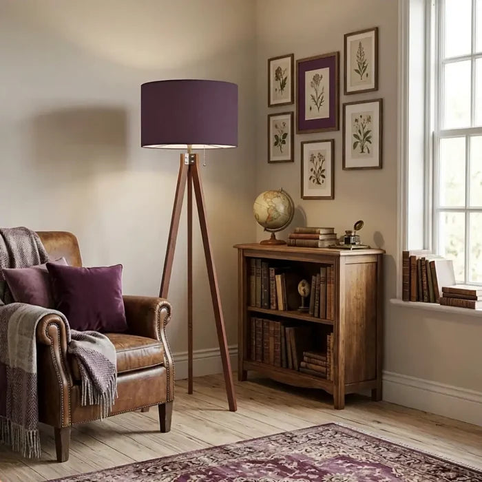 Nordic Retro Wooden Tripod Floor Lamp Muted Plum Eggplant Shade - retro floor lamps