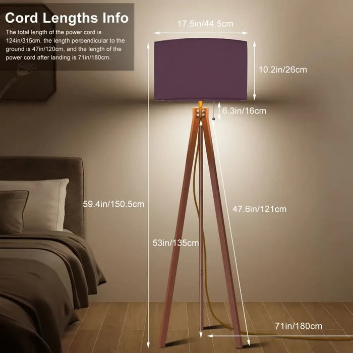 Nordic Retro Wooden Tripod Floor Lamp Muted Plum Eggplant Shade - retro floor lamps