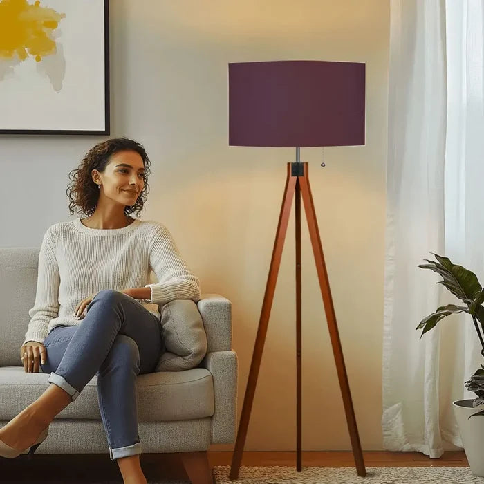 Nordic Retro Wooden Tripod Floor Lamp Muted Plum Eggplant Shade - retro floor lamps