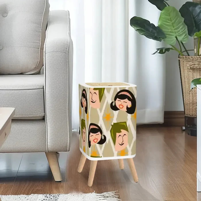Nordic Style Square Small Trash Can with Lid Mid Century Pattern Faces - One Size - retro tash cans