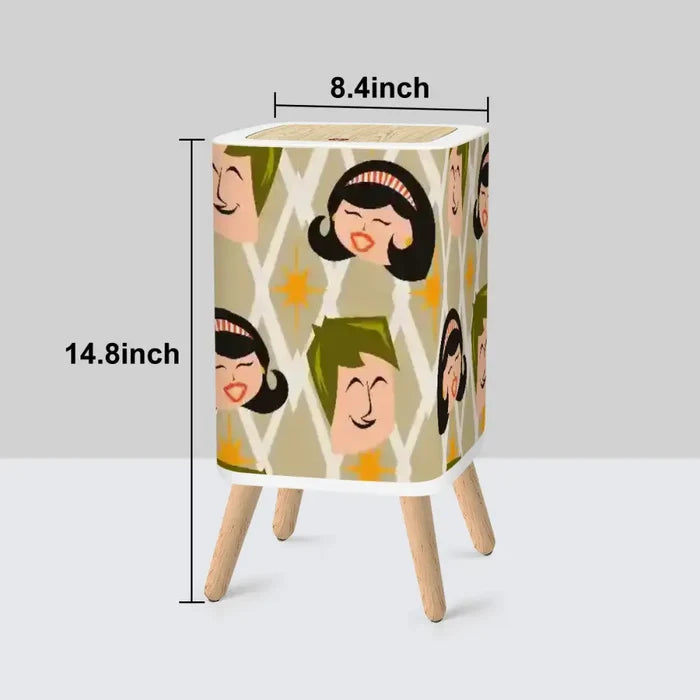 Nordic Style Square Small Trash Can with Lid Mid Century Pattern Faces - One Size - retro tash cans