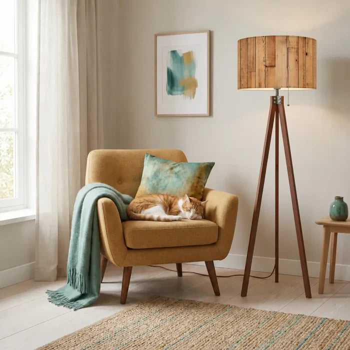 Nordic Tripod Floor Lamp with Wood Grain Shade and Remote LED Light - retro floor lamps