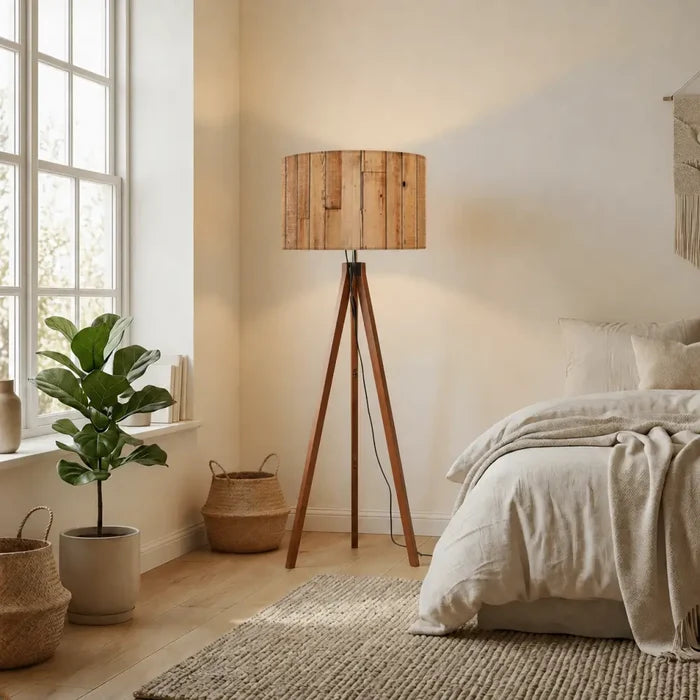 Nordic Tripod Floor Lamp with Wood Grain Shade and Remote LED Light - retro floor lamps