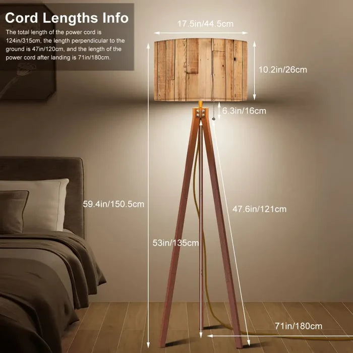 Nordic Tripod Floor Lamp with Wood Grain Shade and Remote LED Light - retro floor lamps