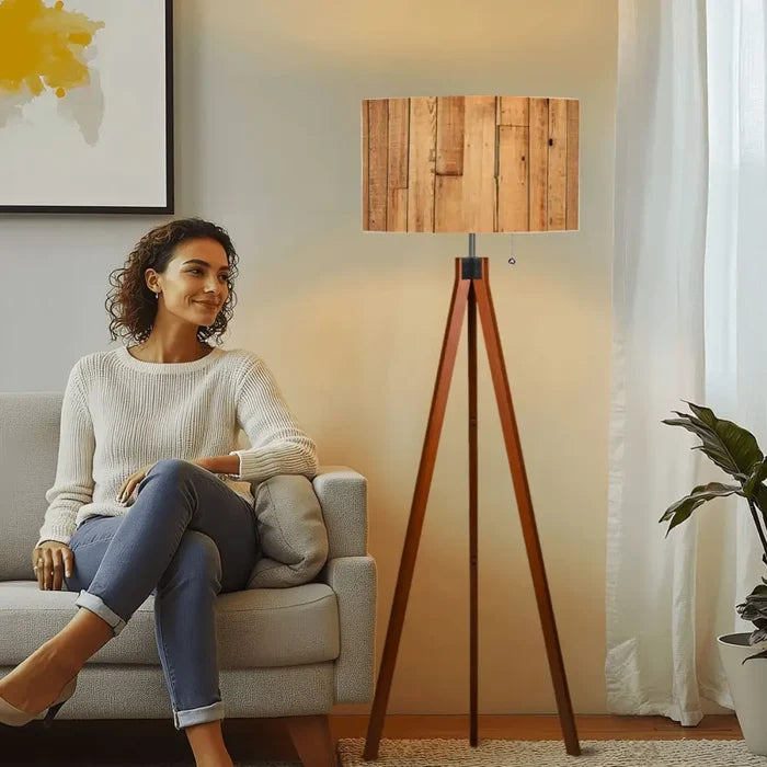 Nordic Tripod Floor Lamp with Wood Grain Shade and Remote LED Light - retro floor lamps