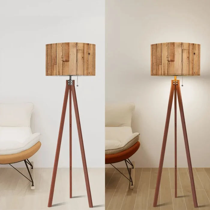 Nordic Tripod Floor Lamp with Wood Grain Shade and Remote LED Light - retro floor lamps