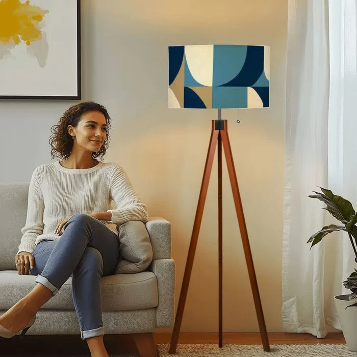 Nordic Wooden Retro Tripod Floor Lamp: Blue Brown White 60s Geometric - retro floor lamps