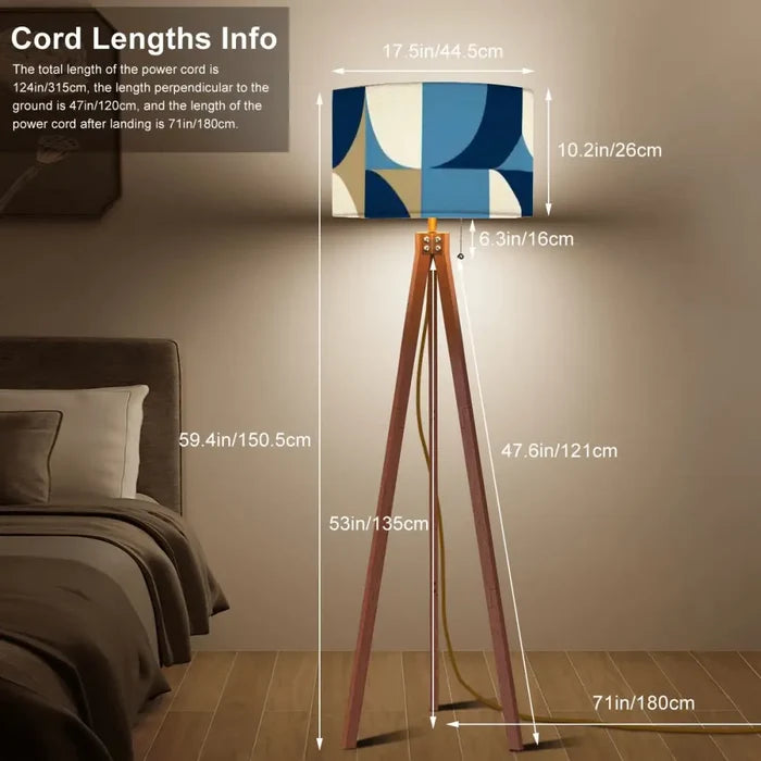 Nordic Wooden Retro Tripod Floor Lamp: Blue Brown White 60s Geometric - retro floor lamps
