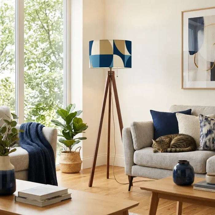 Nordic Wooden Retro Tripod Floor Lamp: Blue Brown White 60s Geometric - retro floor lamps