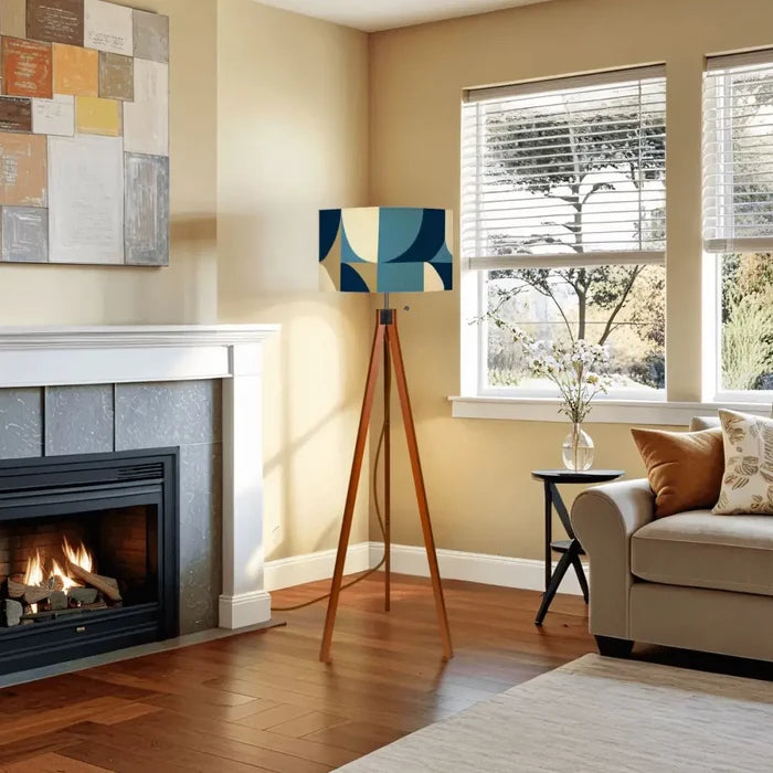 Nordic Wooden Retro Tripod Floor Lamp: Blue Brown White 60s Geometric - retro floor lamps