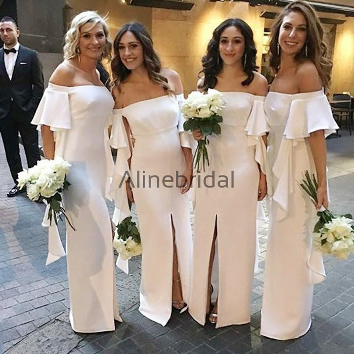 Off Shoulder Ivory Sheath Front Split Unique Sleeves Long Bridesmaid Dresses , AB4001