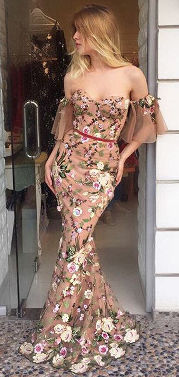 Off Shoulder Nude Embroidery Floral Mermaid Prom Dresses,PD00170