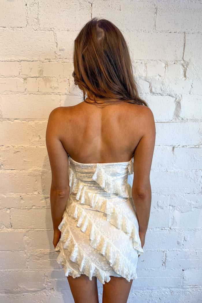 Off White Ruffle Tube Mini Dress, Tube Dress, Going Out Dress, Summer Dress, Adeline Boutique, Dallas Boutique, Boutique Dresses