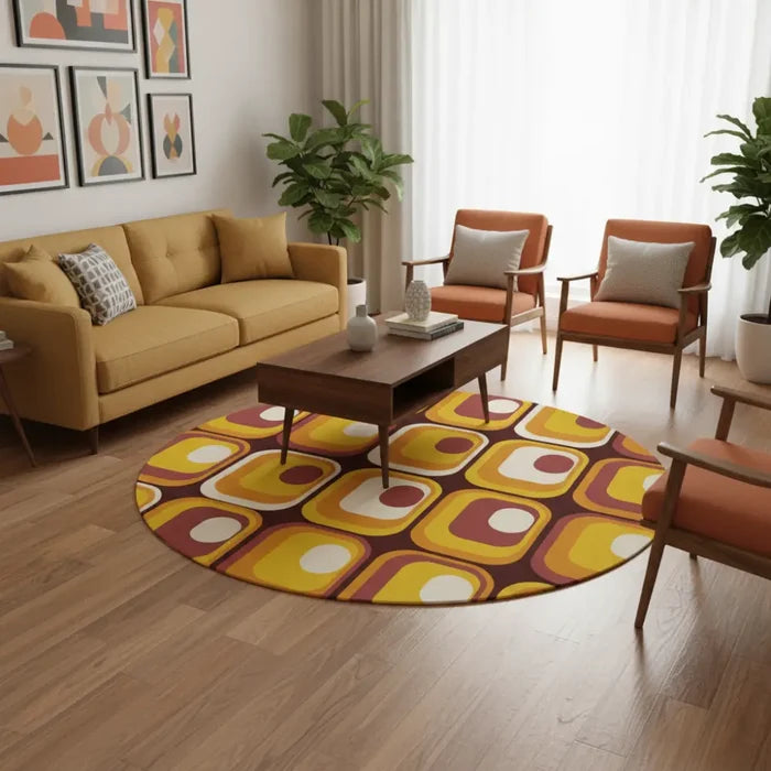 Orange Brown Retro 70s Round Rug Boho Chenille Mid-Century Style Area Carpet - 60’’ × 60’’ - retro rug