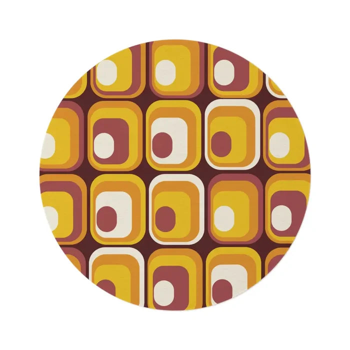 Orange Brown Retro 70s Round Rug Boho Chenille Mid-Century Style Area Carpet - 60’’ × 60’’ - retro rug