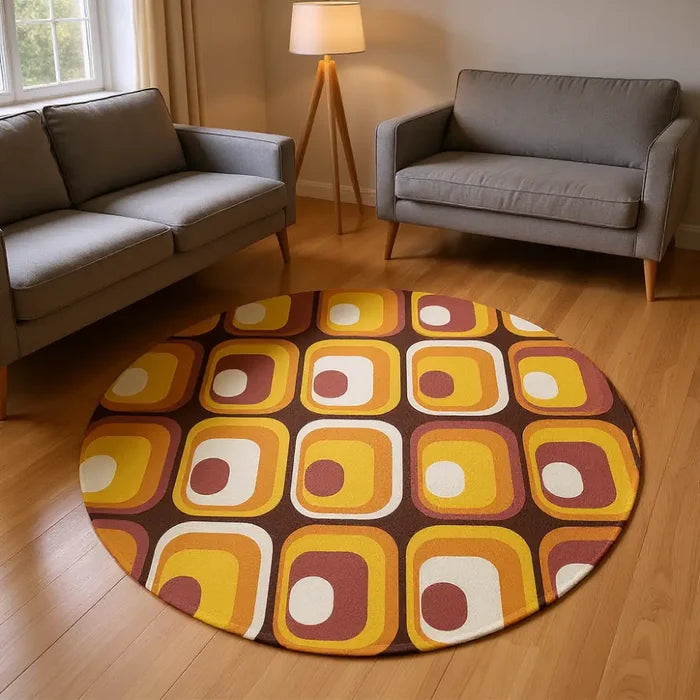 Orange Brown Retro 70s Round Rug Boho Chenille Mid-Century Style Area Carpet - 60’’ × 60’’ - retro rug