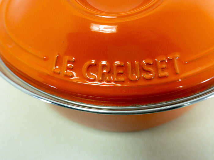 Orange French 1970s ENAMEL POT with lid by 'Le Creuset'