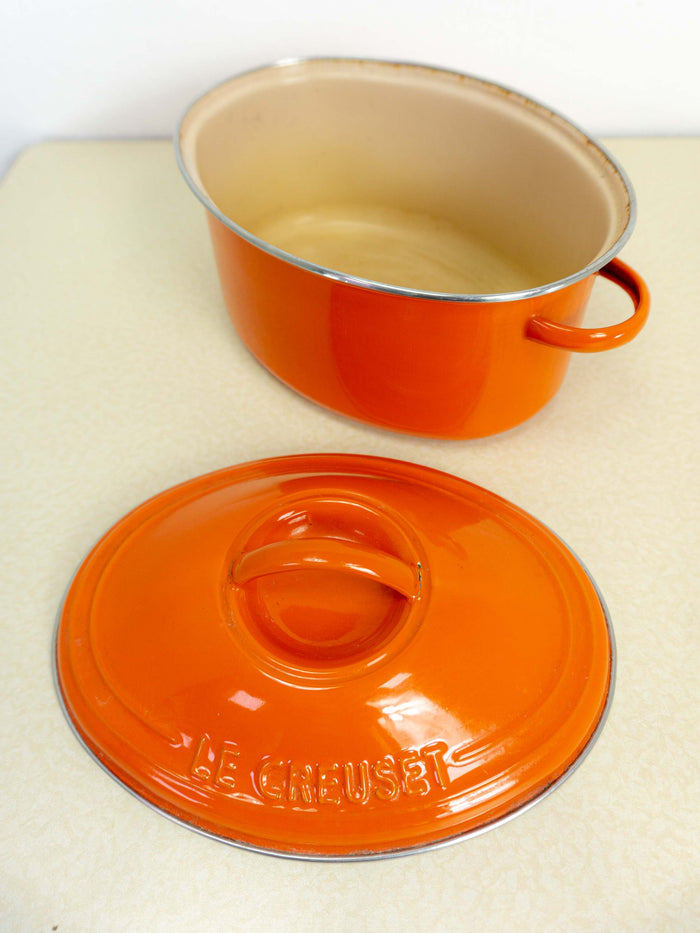 Orange French 1970s ENAMEL POT with lid by 'Le Creuset'