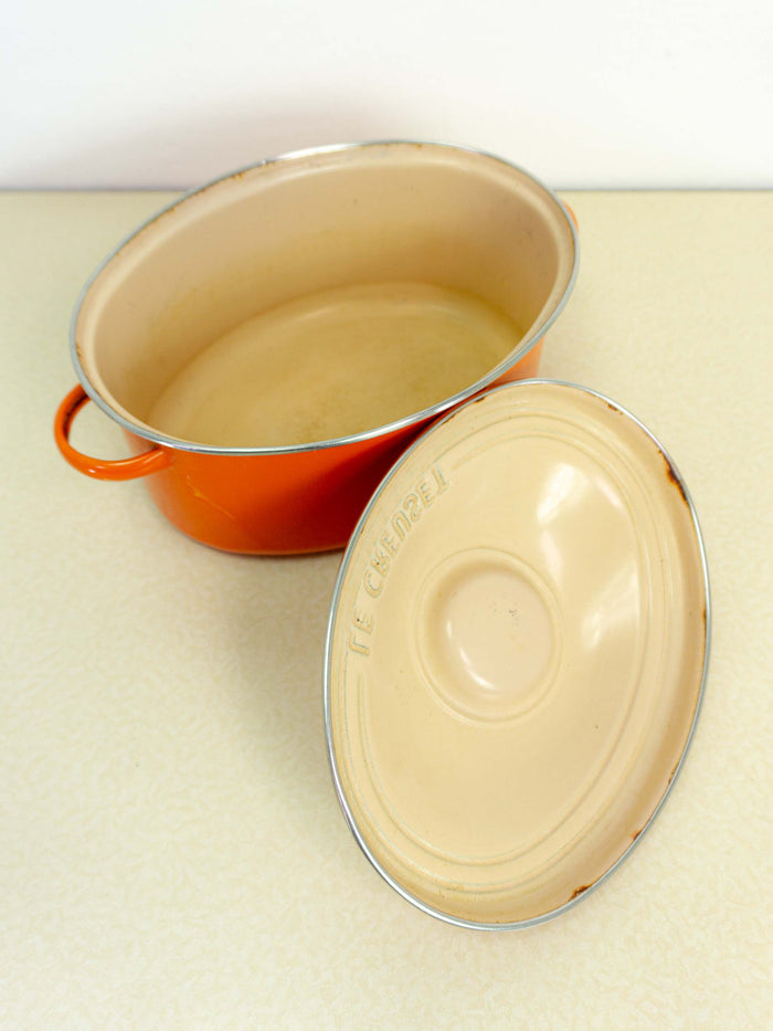 Orange French 1970s ENAMEL POT with lid by 'Le Creuset'