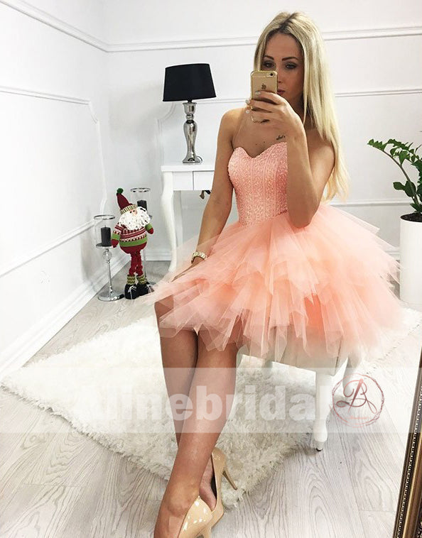 Orange Pink Sparkly Beaded Top Ruffles Tulle Strapless Homecoming Dresses ,HD0009