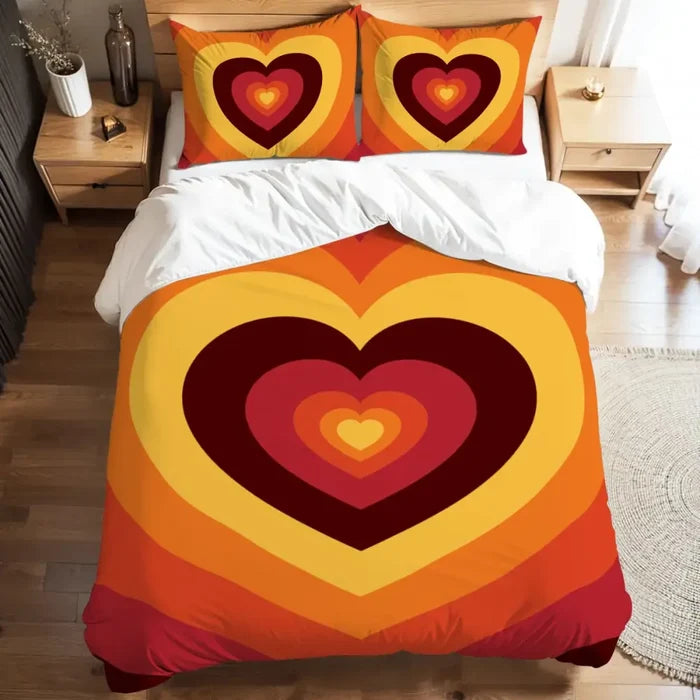 Orange Red 70s Heart Duvet Cover Set: Retro Full Size Microfiber Bedding - retro bedding