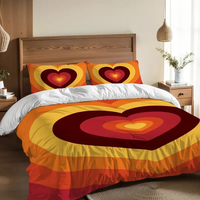 Orange Red 70s Heart Duvet Cover Set: Retro Full Size Microfiber Bedding - retro bedding