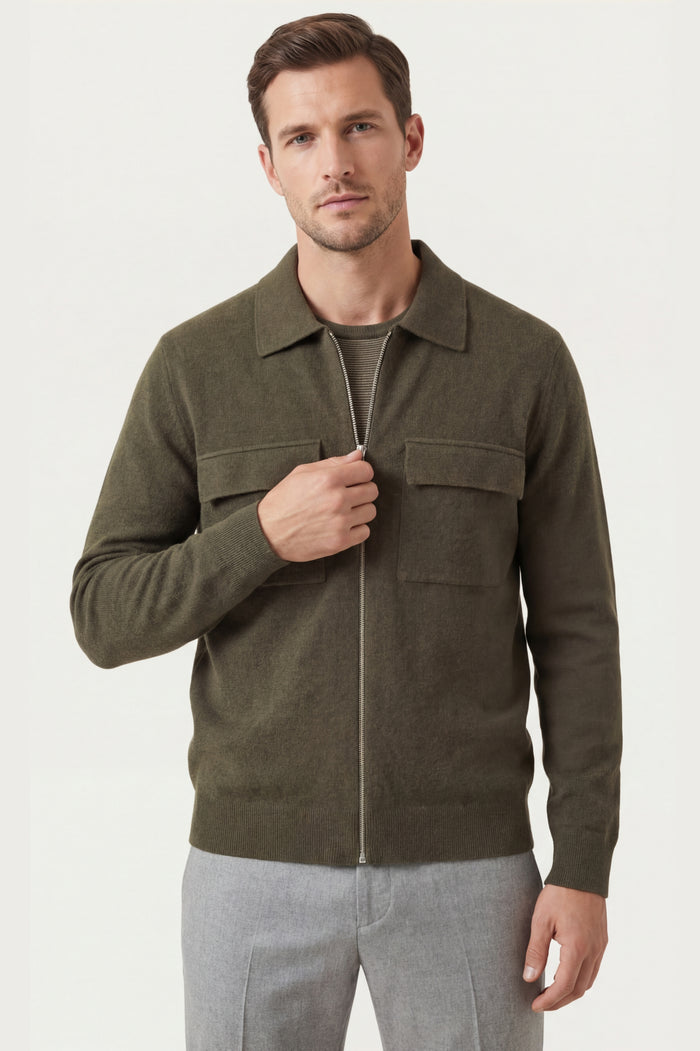Orvello Dual-Zip Wool Cardigan Army Green