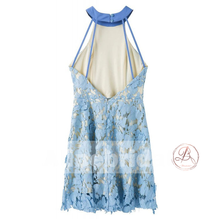 Pale Blue Lace Halter Unique Open Back Mini Homecoming Dresses,BD00234