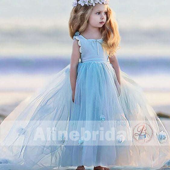 Pale Blue Tulle Handmade Flowers Sweet TUTU Flower Girl Dresses, FGS079