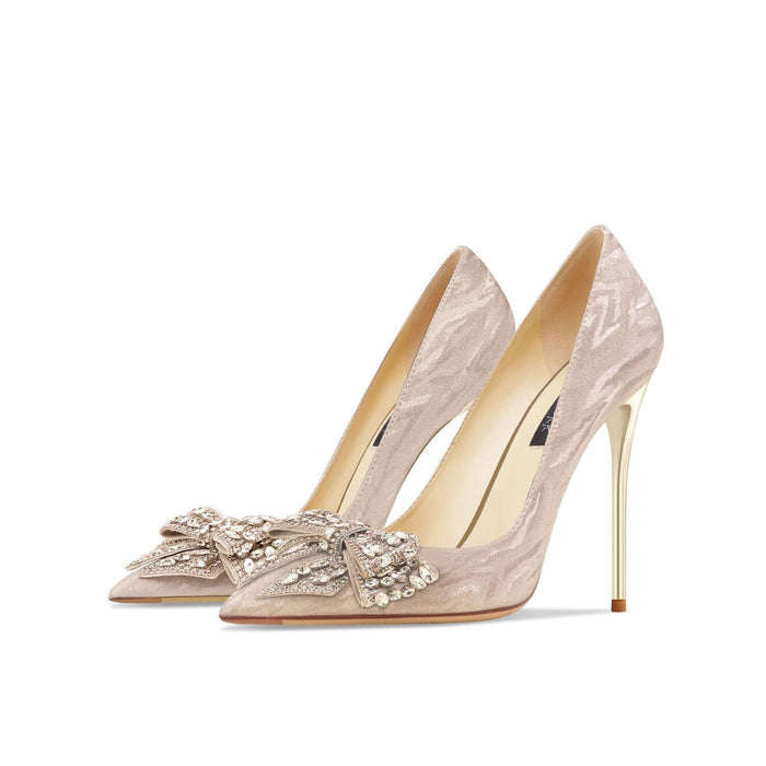 Genuine Leather Rhinestone Silver Bow High Heels BadAssWear.fi