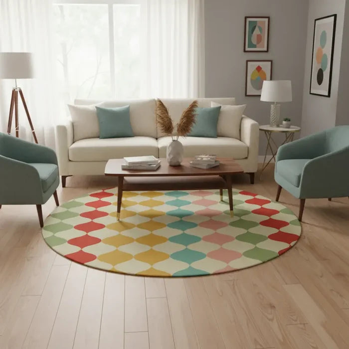 Pastel Colors Boho Round Rug Retro 60s Style Midcentury Area Carpet - 60’’ × 60’’ - retro rug