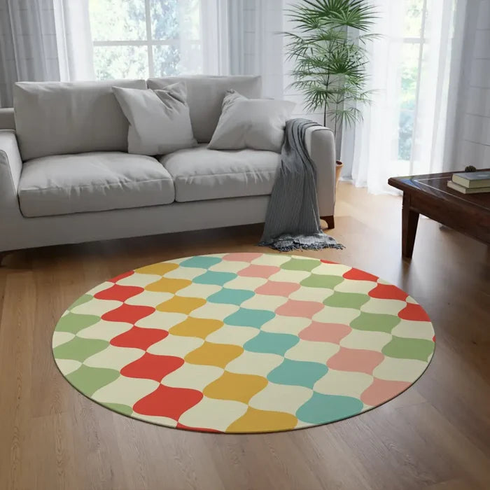 Pastel Colors Boho Round Rug Retro 60s Style Midcentury Area Carpet - 60’’ × 60’’ - retro rug