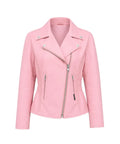 Women's pink leather motorcycle jacket in soft premium buffalo leather featuring a classic biker design with an asymmetrical front zipper and snap collar.