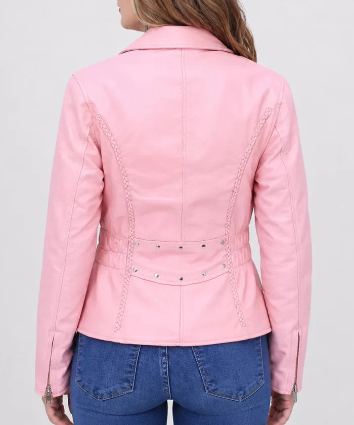 Back view of a women's pink leather motorcycle jacket featuring premium buffalo leather, clean panel detailing, and a tailored biker fit.