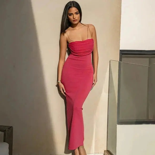 Pleated Chain Shoulder Slim-fit Dress fashionnsio