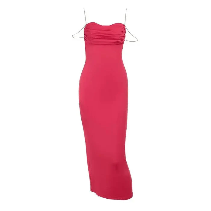 Pleated Chain Shoulder Slim-fit Dress fashionnsio