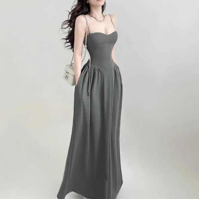 Pleated Slim Waist Long Dress fashionnsio
